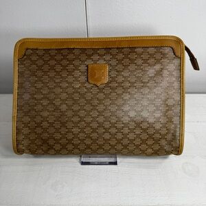 ✨ Vintage Celine Macadam Monogram Zip Clutch Pouch – Brown Canvas & Leather Trim